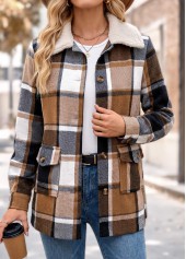 Plaid Patch Pocket Light Coffee Long Sleeve Coat
