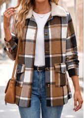 Plaid Patch Pocket Light Coffee Long Sleeve Coat