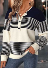 Striped Tummy Coverage Navy Long Sleeve Split Neck Sweater