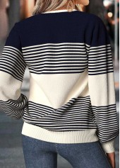 Striped Tummy Coverage Navy Long Sleeve Split Neck Sweater