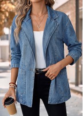 Patch Pocket Blue Long Sleeve Lapel Coat