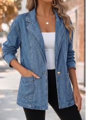 Patch Pocket Blue Long Sleeve Lapel Coat