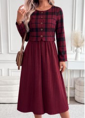 Plaid Patchwork Dark Reddish Purple Long Sleeve Dress