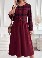 Plaid Patchwork Dark Reddish Purple Long Sleeve Dress