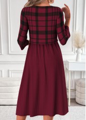 Plaid Patchwork Dark Reddish Purple Long Sleeve Dress