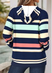 Striped Kangaroo Pocket Navy Long Sleeve Split Neck Hoodie