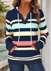 Striped Kangaroo Pocket Navy Long Sleeve Split Neck Hoodie