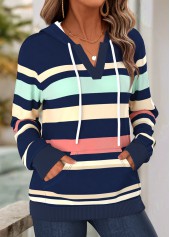 Striped Kangaroo Pocket Navy Long Sleeve Split Neck Hoodie