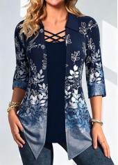 Leaf Print Button Denim Blue Fake Two Piece Twinset