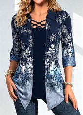 Leaf Print Button Denim Blue Fake Two Piece Twinset