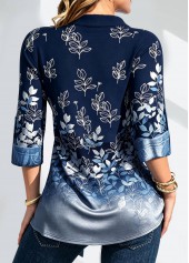 Leaf Print Button Denim Blue Fake Two Piece Twinset