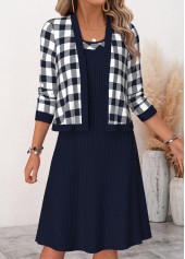 Plaid Two-piece Navy Long Sleeve Dress and Cardigan