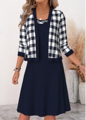 Plaid Two-piece Navy Long Sleeve Dress and Cardigan