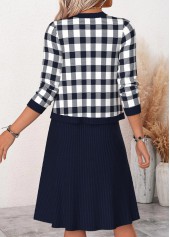 Plaid Two-piece Navy Long Sleeve Dress and Cardigan