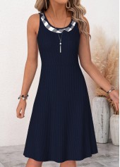 Plaid Two-piece Navy Long Sleeve Dress and Cardigan