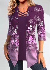 Leaf Print Button Purple Fake Two Piece Twinset