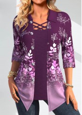 Leaf Print Button Purple Fake Two Piece Twinset