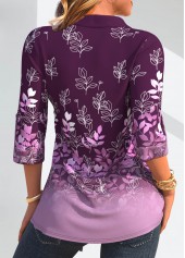 Leaf Print Button Purple Fake Two Piece Twinset