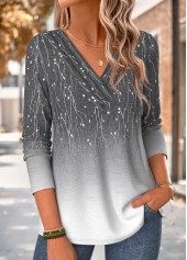 Ombre Grey Long Sleeve V Neck T Shirt