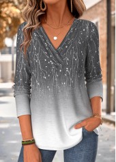 Ombre Grey Long Sleeve V Neck T Shirt