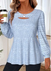 Layered Light Blue Long Sleeve Round Neck T Shirt