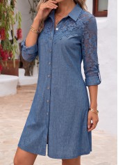 Patchwork Denim Blue Long Sleeve Shirt Collar Dress
