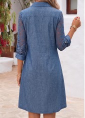 Patchwork Denim Blue Long Sleeve Shirt Collar Dress