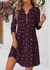 Floral Print Tuck Stitch Dark Purple Short Dress