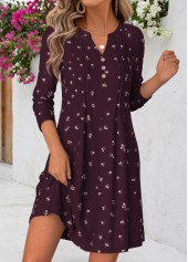 Floral Print Tuck Stitch Dark Purple Short Dress