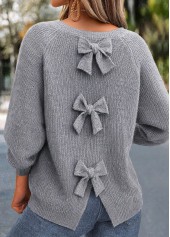 Bowknot Grey Long Sleeve Round Neck Sweater