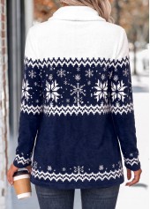 Snowflake Print Curved Hem Navy Long Sleeve T Shirt