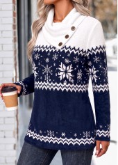 Snowflake Print Curved Hem Navy Long Sleeve T Shirt