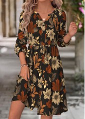 Leaf Print Shirred Black Long Sleeve Split Neck Dress