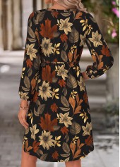 Leaf Print Shirred Black Long Sleeve Split Neck Dress