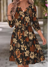 Leaf Print Shirred Black Long Sleeve Split Neck Dress