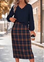 Plaid Two-piece Navy Long Sleeve Dress and Cardigan