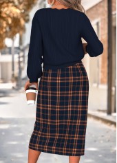 Plaid Two-piece Navy Long Sleeve Dress and Cardigan