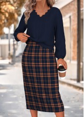 Plaid Two-piece Navy Long Sleeve Dress and Cardigan