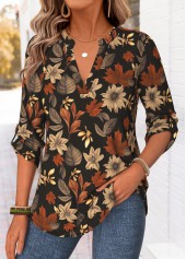 Floral Print Curved Hem Multi Color Long Sleeve Shirt