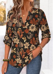 Floral Print Curved Hem Multi Color Long Sleeve Shirt