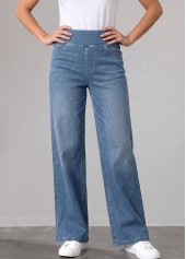 Denim Blue Straight Leg Elastic Waist High Waisted Jeans
