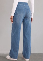 Denim Blue Straight Leg Elastic Waist High Waisted Jeans