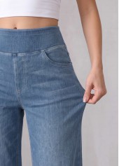 Denim Blue Straight Leg Elastic Waist High Waisted Jeans