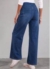 Denim Blue Straight Leg Elastic Waist High Waisted Jeans