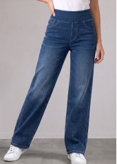 Denim Blue Straight Leg Elastic Waist High Waisted Jeans