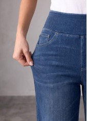 Denim Blue Straight Leg Elastic Waist High Waisted Jeans