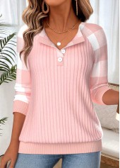 Plaid Button Light Pink Long Sleeve Round Neck Sweatshirt