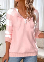 Plaid Button Light Pink Long Sleeve Round Neck Sweatshirt