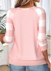 Plaid Button Light Pink Long Sleeve Round Neck Sweatshirt