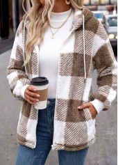 Plaid Double Side Pockets Light Coffee Long Sleeve Coat
